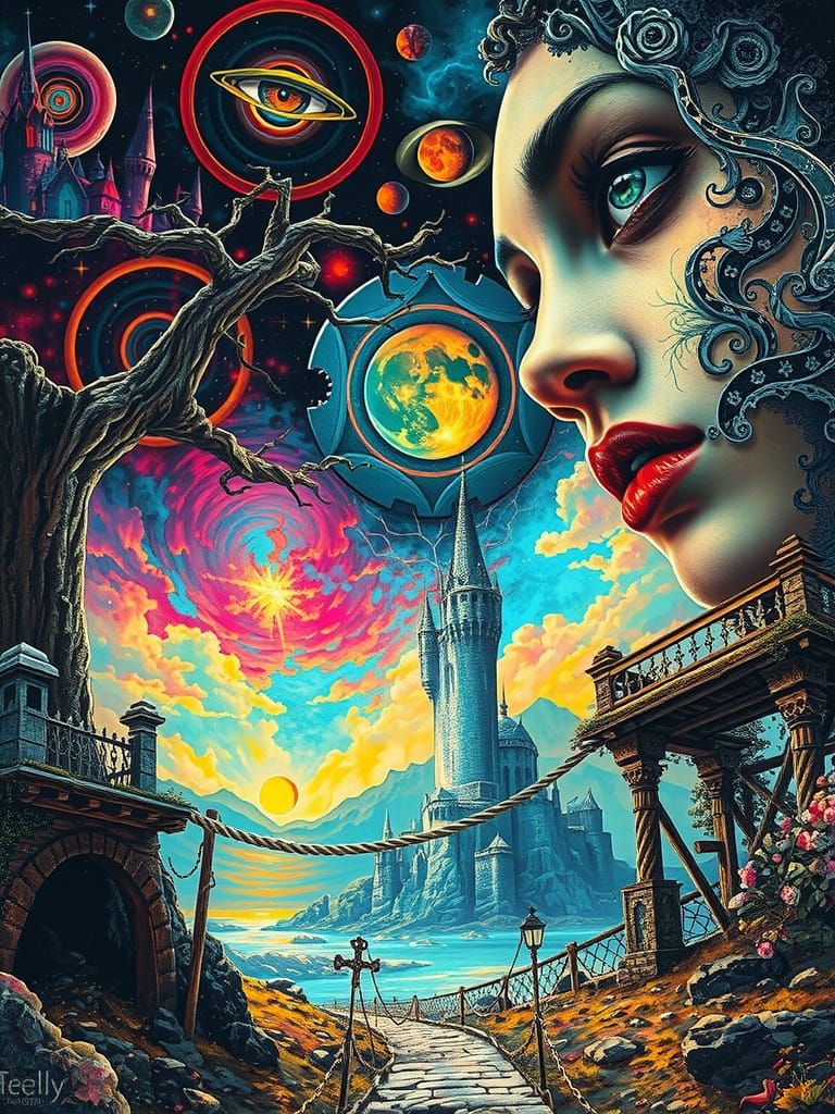 A woman's face with an enigmatic gaze, her features softly b...