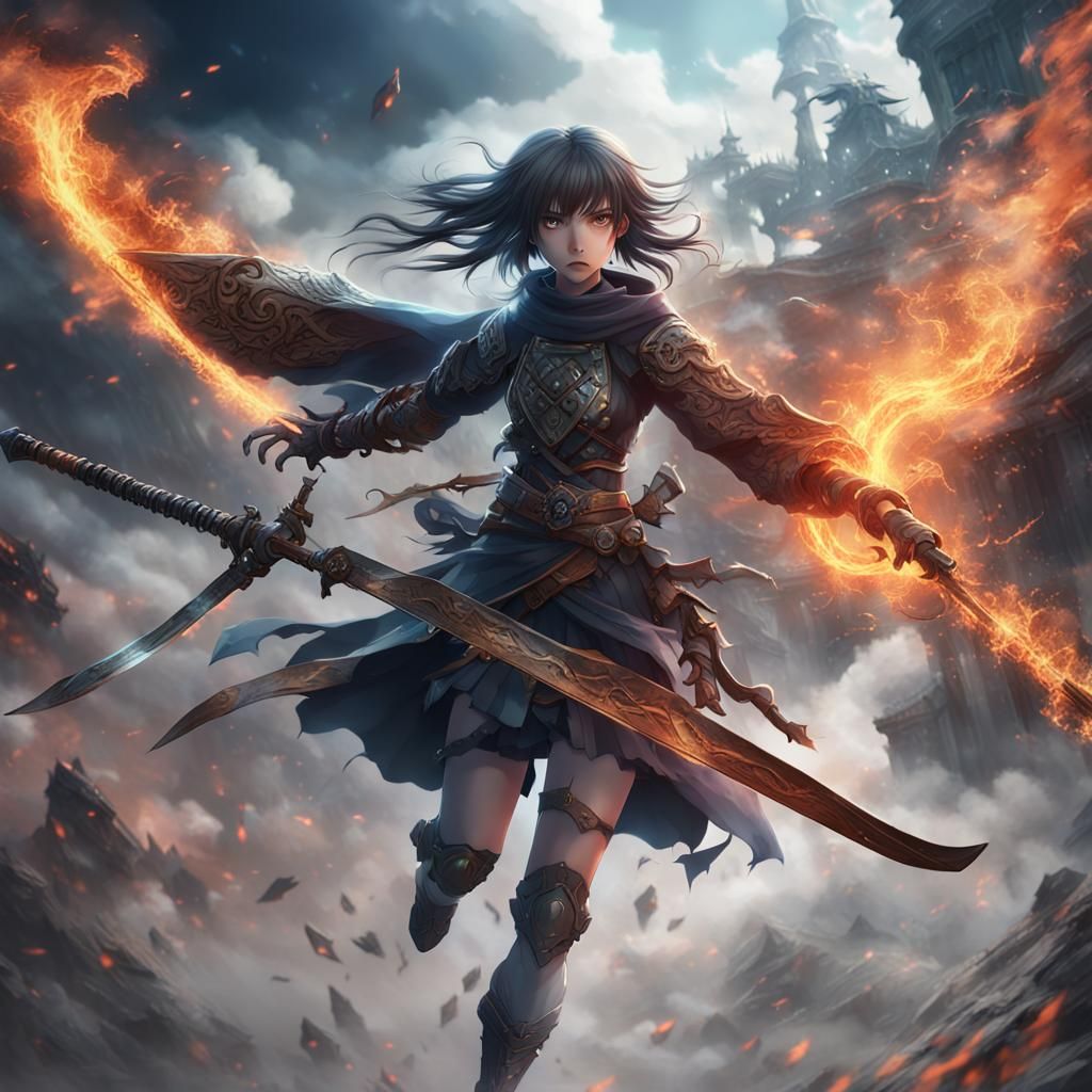 Anime Girl with Blade in Smoky Scene