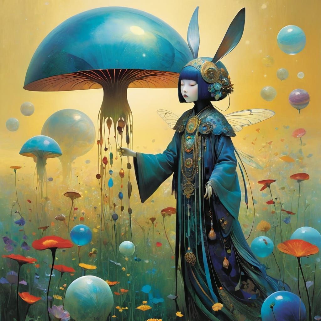 Iridescent Bug Creature Playing in Marble Field