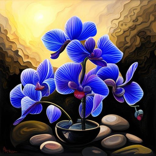 Blue-Purple Orchids in Vase, Stained Glass Mosaic Style