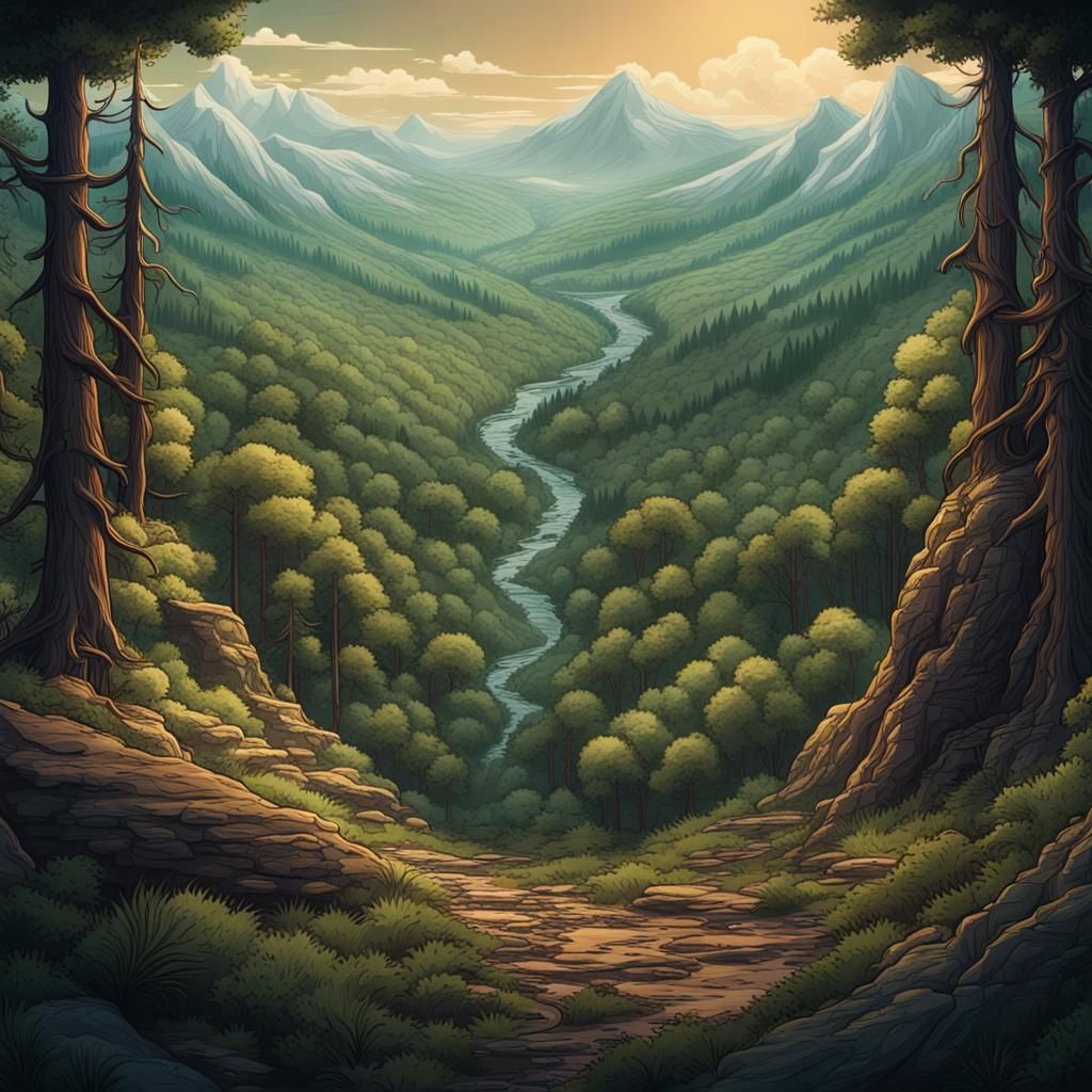 Forest Hiking Trails in Matte Painting Style