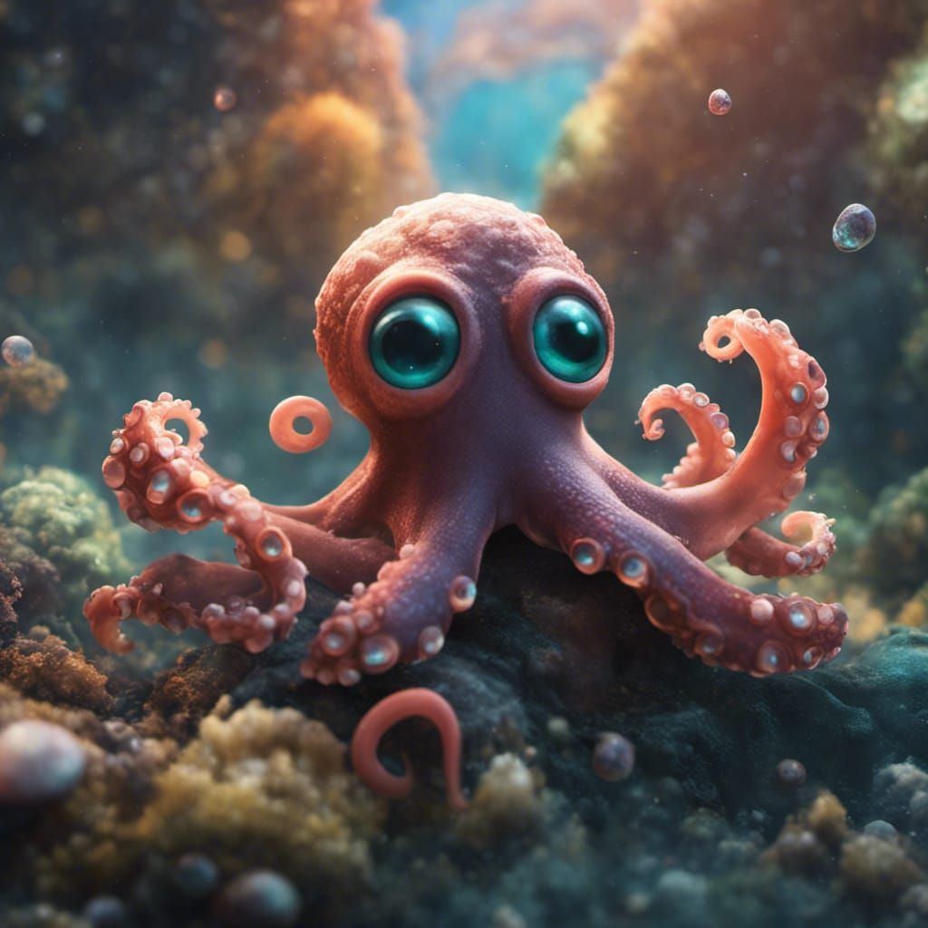 Baby Octopus in Shell Hat: Detailed Matte Painting