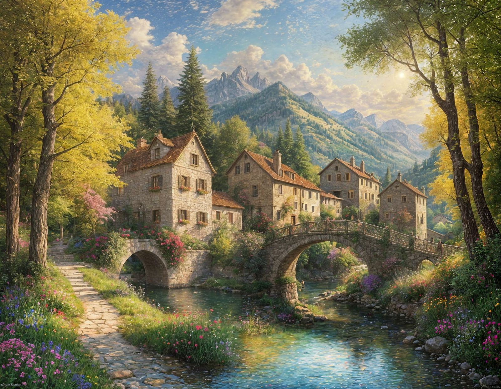 Vibrant Italian Village Painting in Impressionist Style
