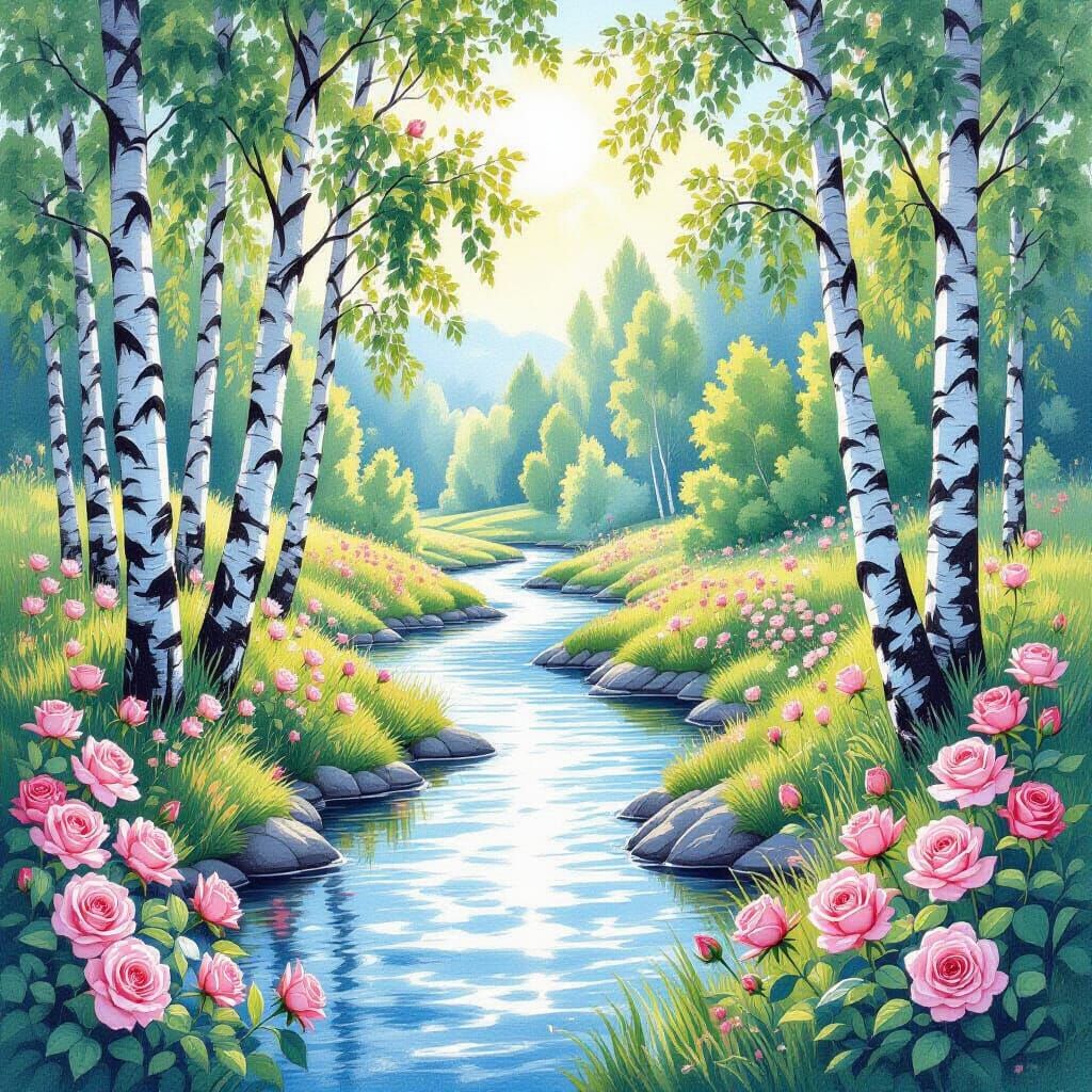 Summer Landscape with Birch Trees and Roses in Cyan and Pink