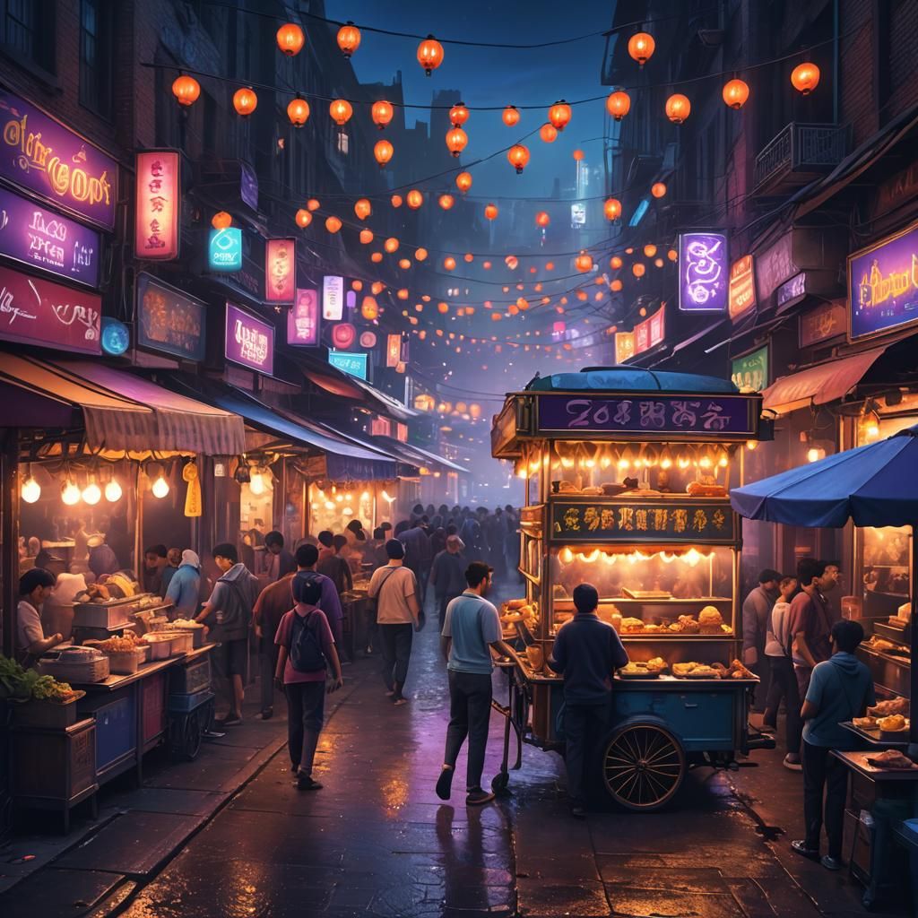 Night Market Food Stall in Fantasy City