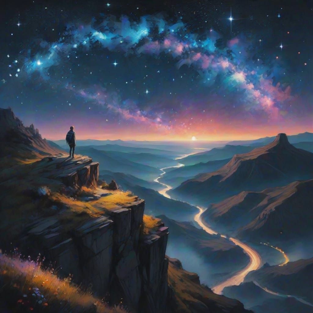 Ethereal Fantasy Scene: Stargazing Lovers on a Cliff