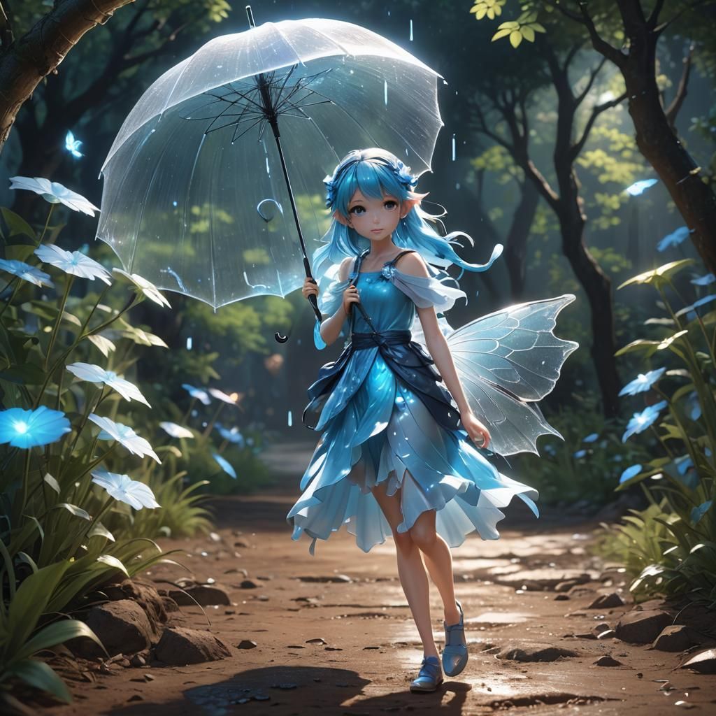 Glowing Blue Fairy with Umbrella, in Anime Style