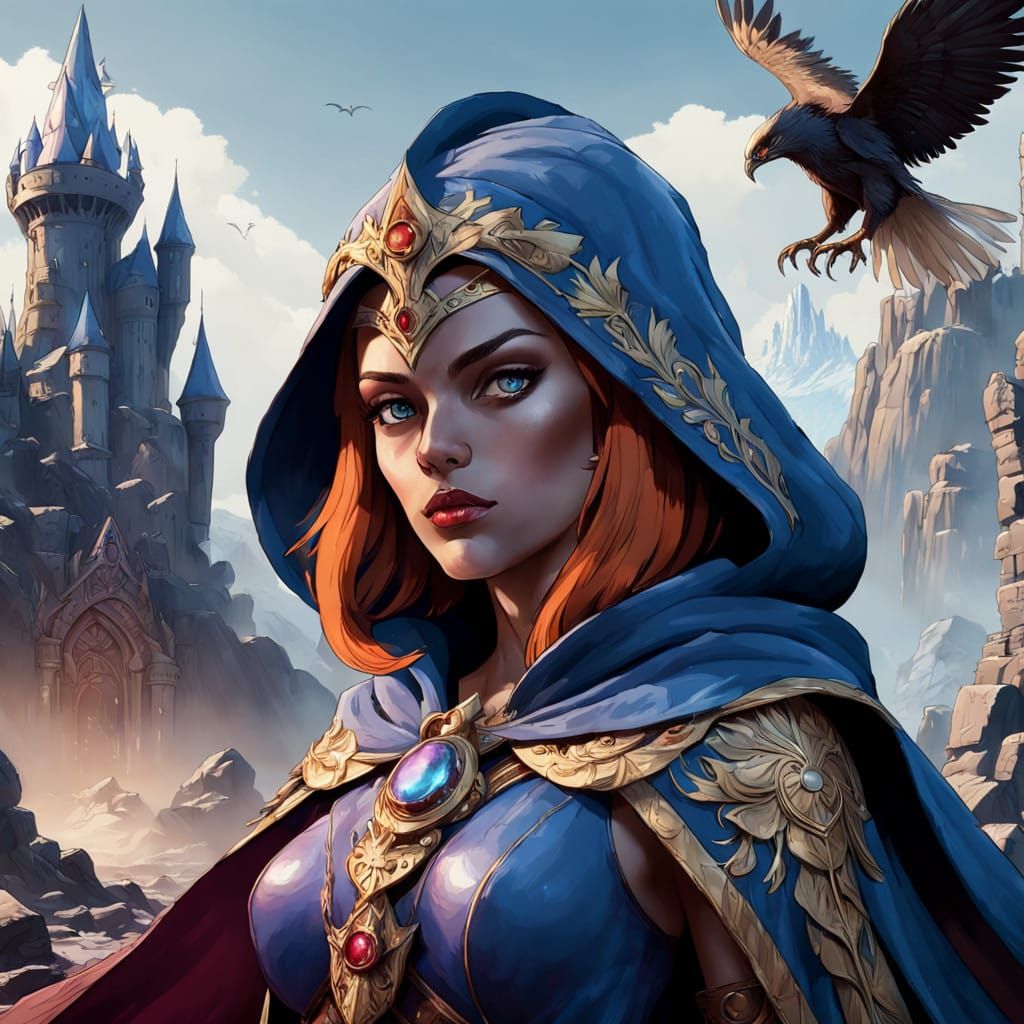 A long shot of (Teela Na) the Sorceress of (Castle Grayskull...