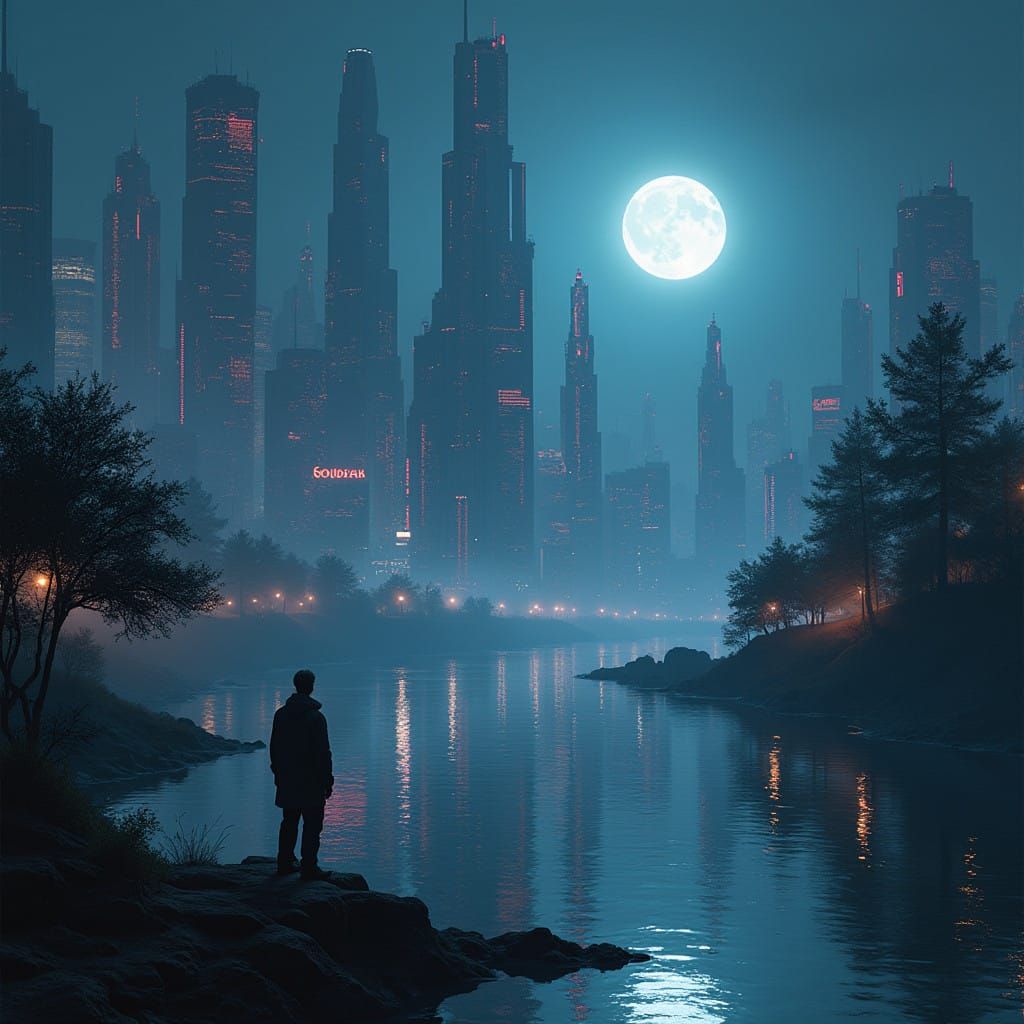 Dark Futuristic Metropolis at Midnight