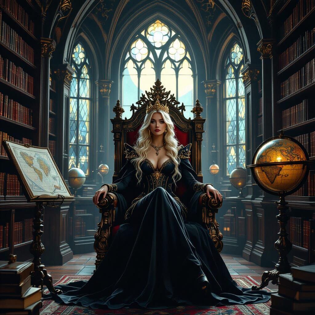 Gothic Library: Golden-Haired Queen on Throne