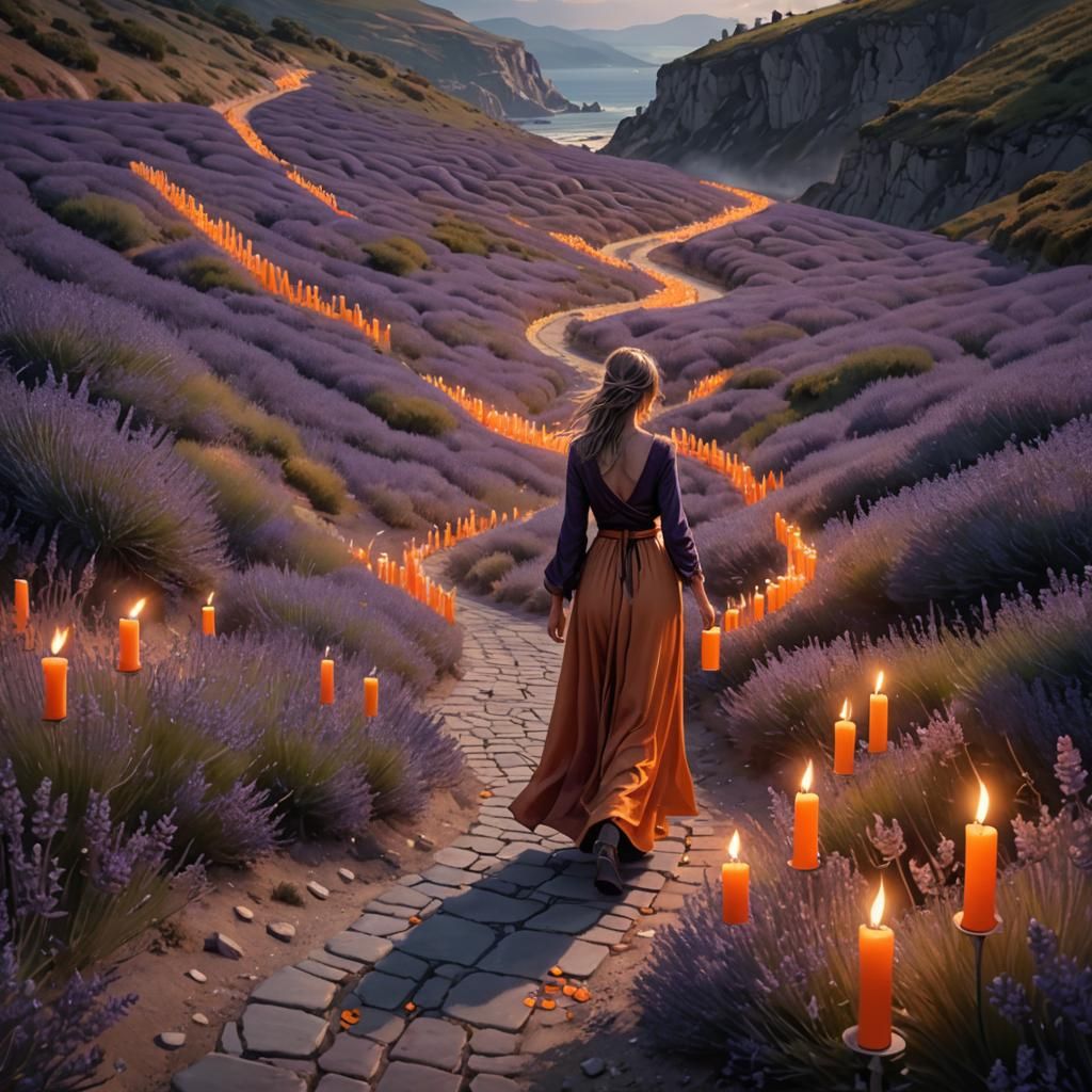 Mystical Woman on Candlelit Road: Art Nouveau