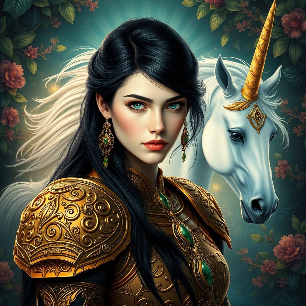 Enchanted Warrior Maiden with Unicorn in Celtic-Inspired Fan...