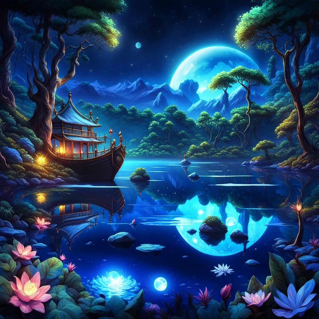 Blue moonlit jungle lake