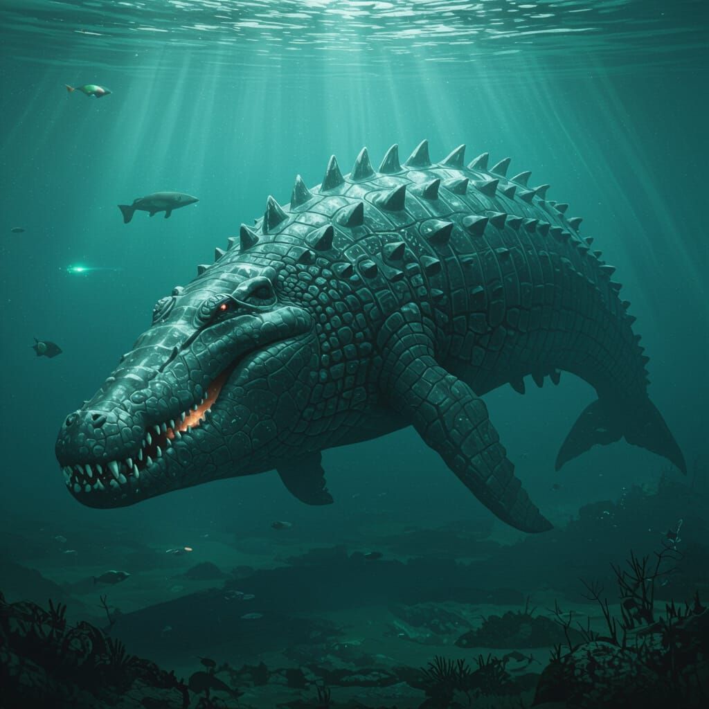 Beksiński-esque Whale-Crocodile Hybrid in Bioluminescent Wat...