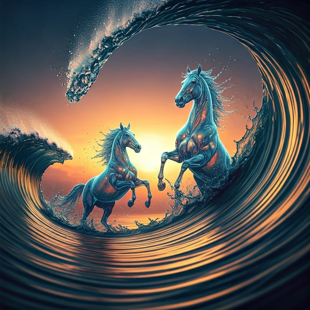 Surreal Seascapes: Majestic Horses Emerge from Ocean Waves i...