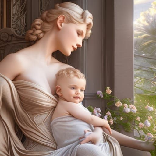 Mother and Baby Enjoying Spring Flowers: Hyperdetailed Portr...