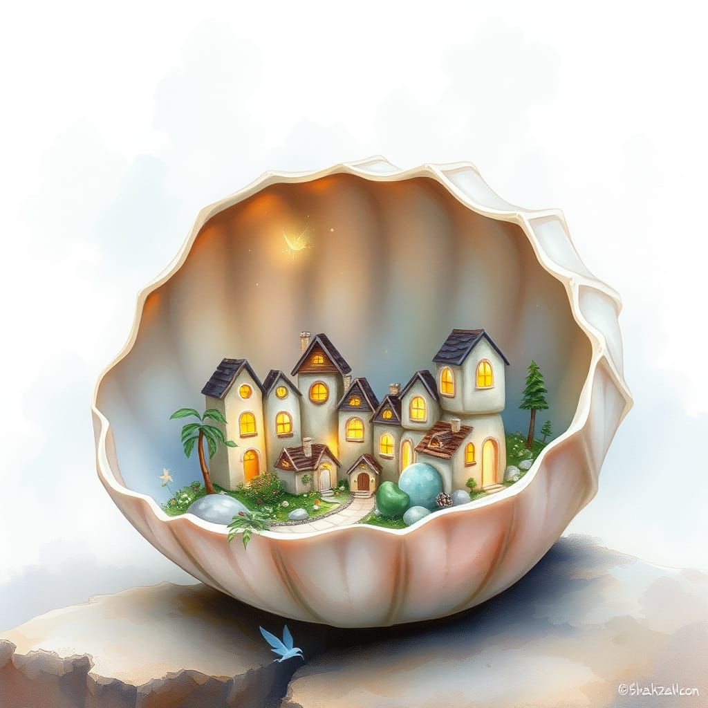 Enchanted Miniature Village Inside Seashell