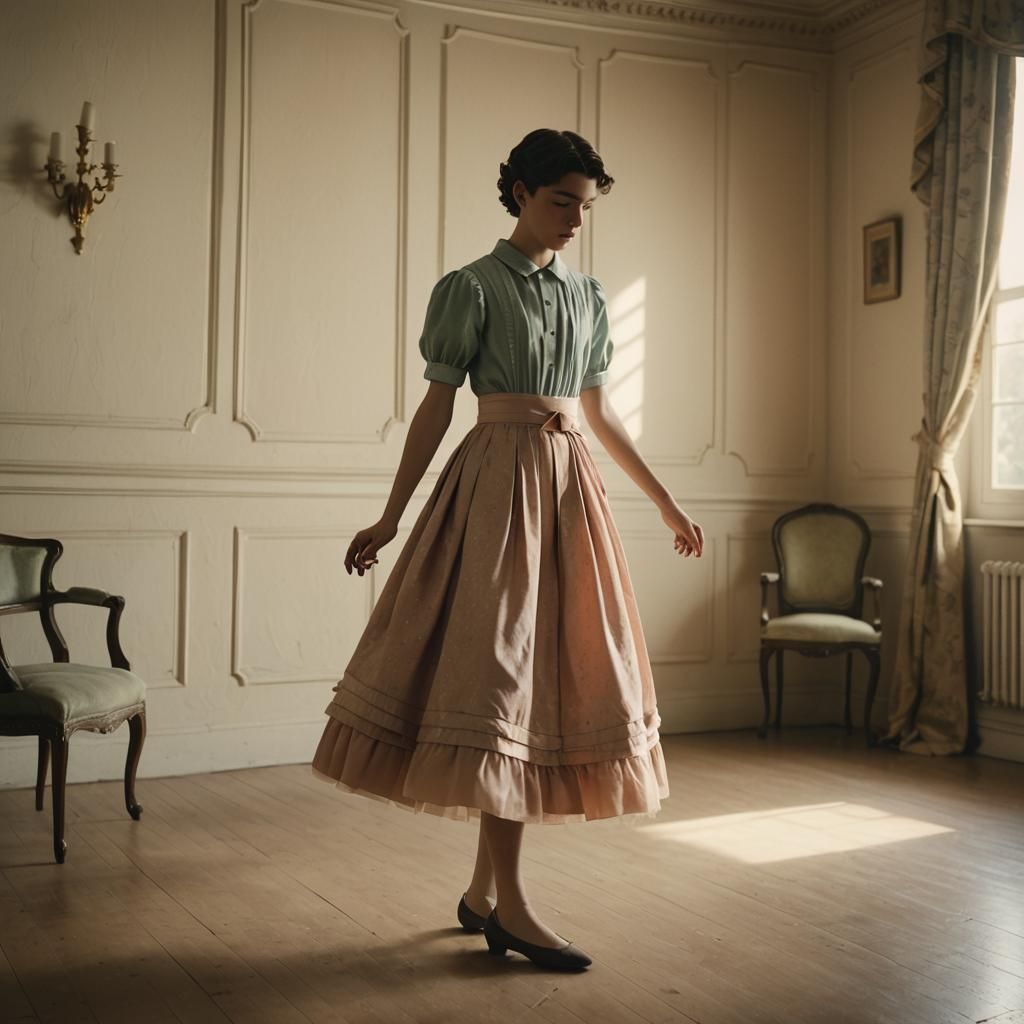 Boy Crossdressing in Ribbon Dress Learning to Curtsy