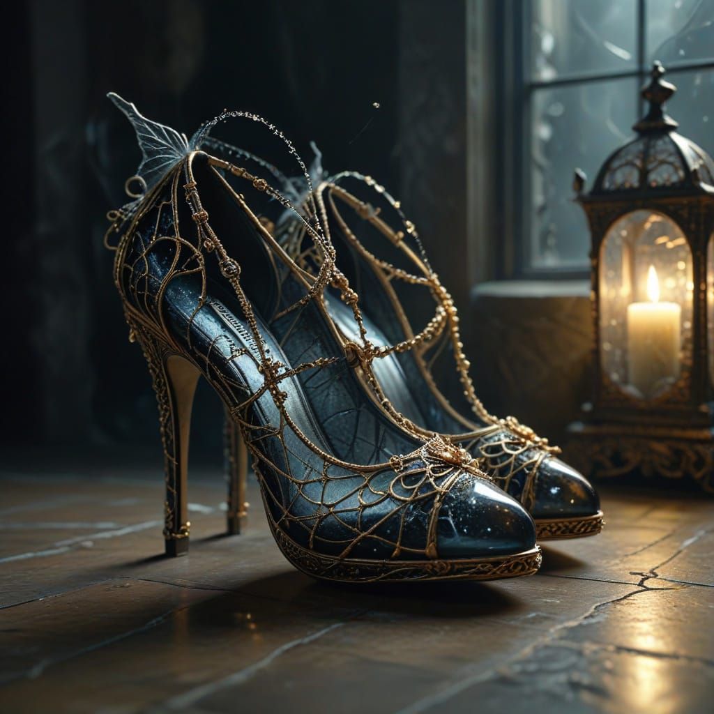 Gothic Cinderella with Glass Shoes in Dark Romanticism