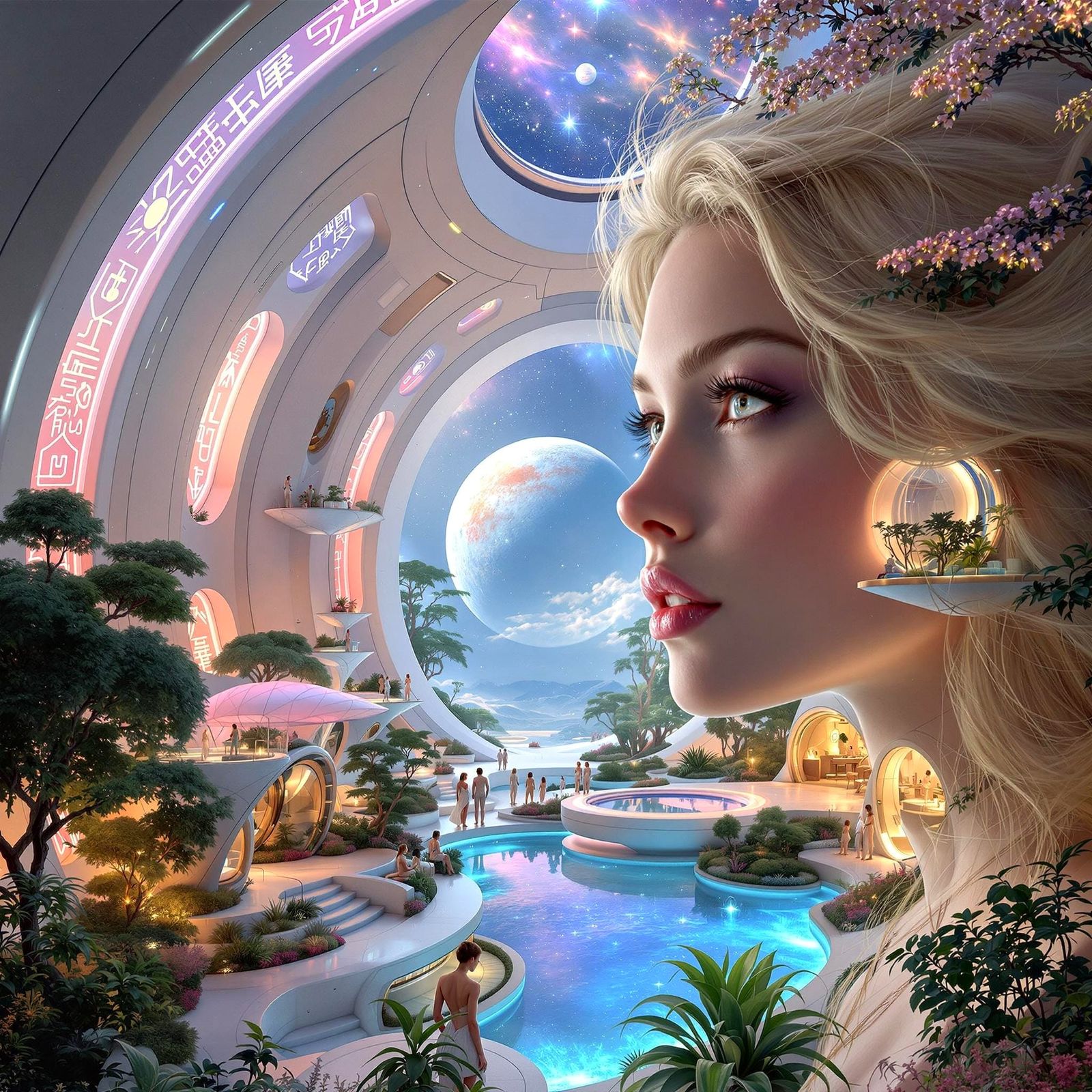 Galactic Woman on Solar-Punk Mothership in Oil Painting