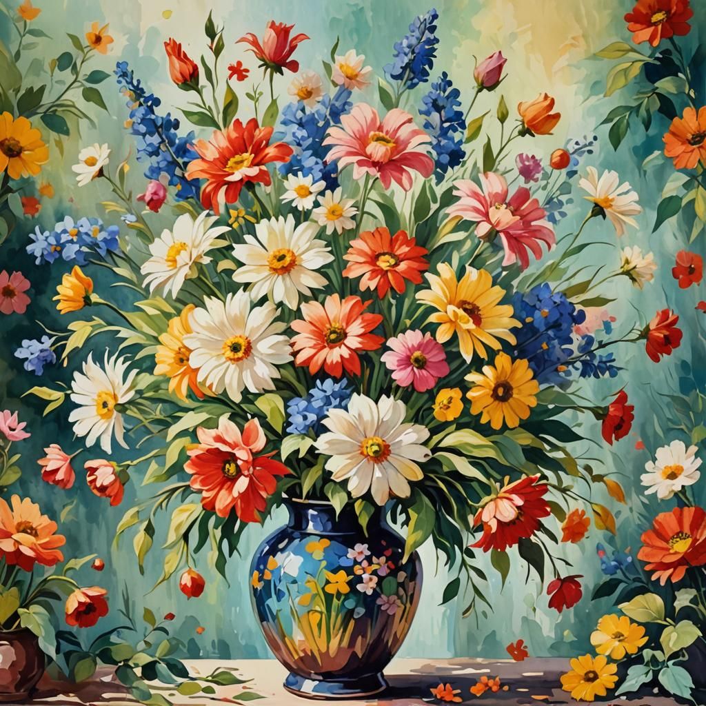 Floral Vase in Gouache and Watercolor Style