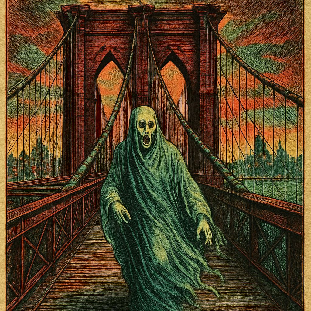 Brooklyn Bridge Spectral Illustration in Golden Age Style