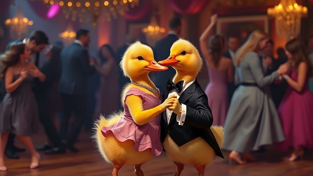 Duckling Dance Party in Playful Surreal Style