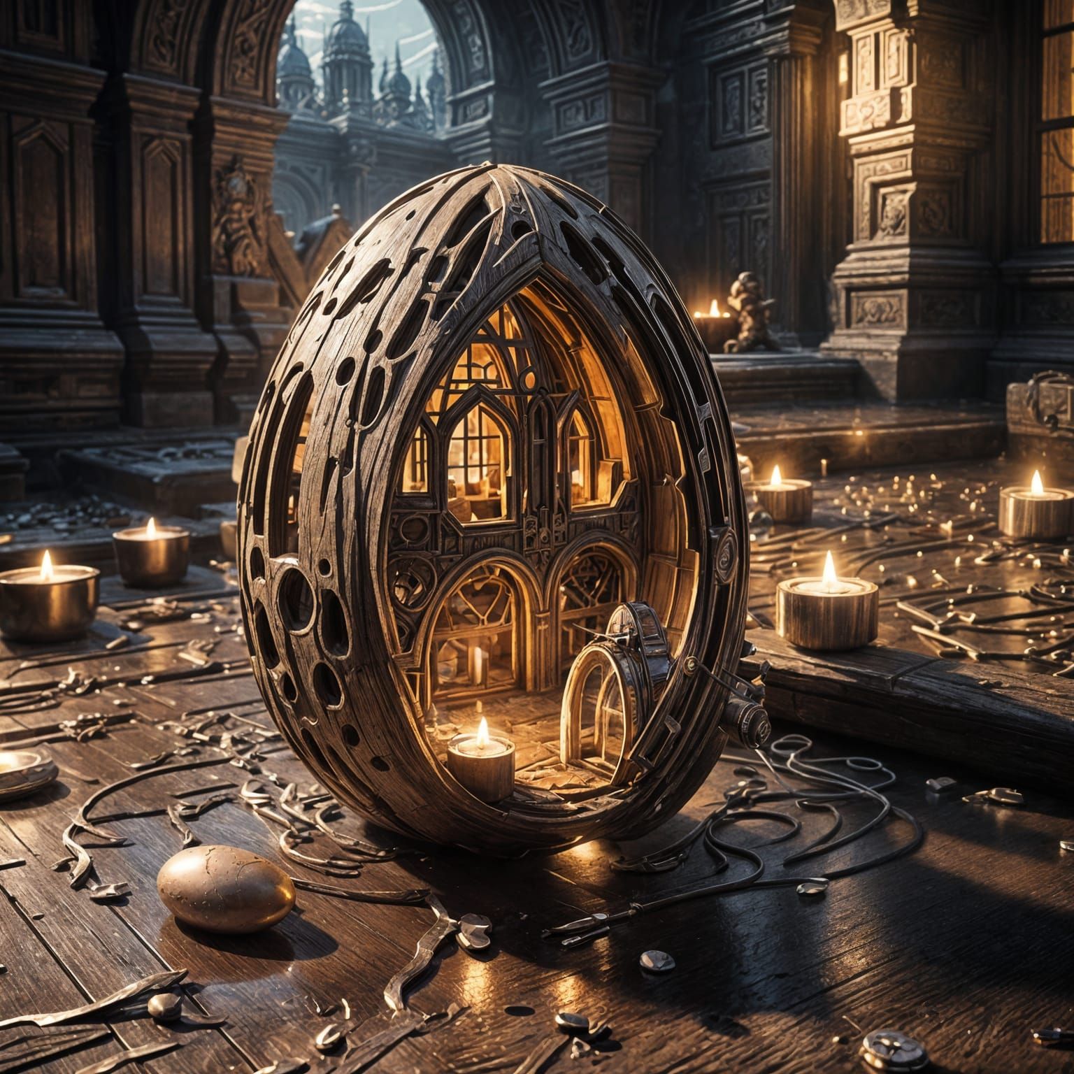 Hyperrealistic Wooden Egg with Warm Candlelight Glow