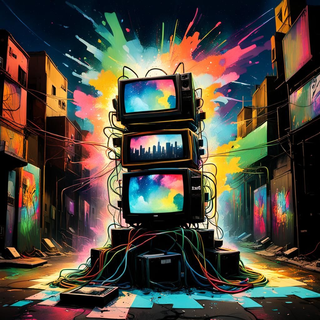 Throne of TVs in Gritty Street Art Style