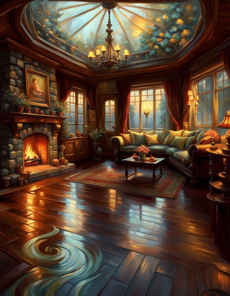 Cozy Cottage Interior: Intricate Oil Painting