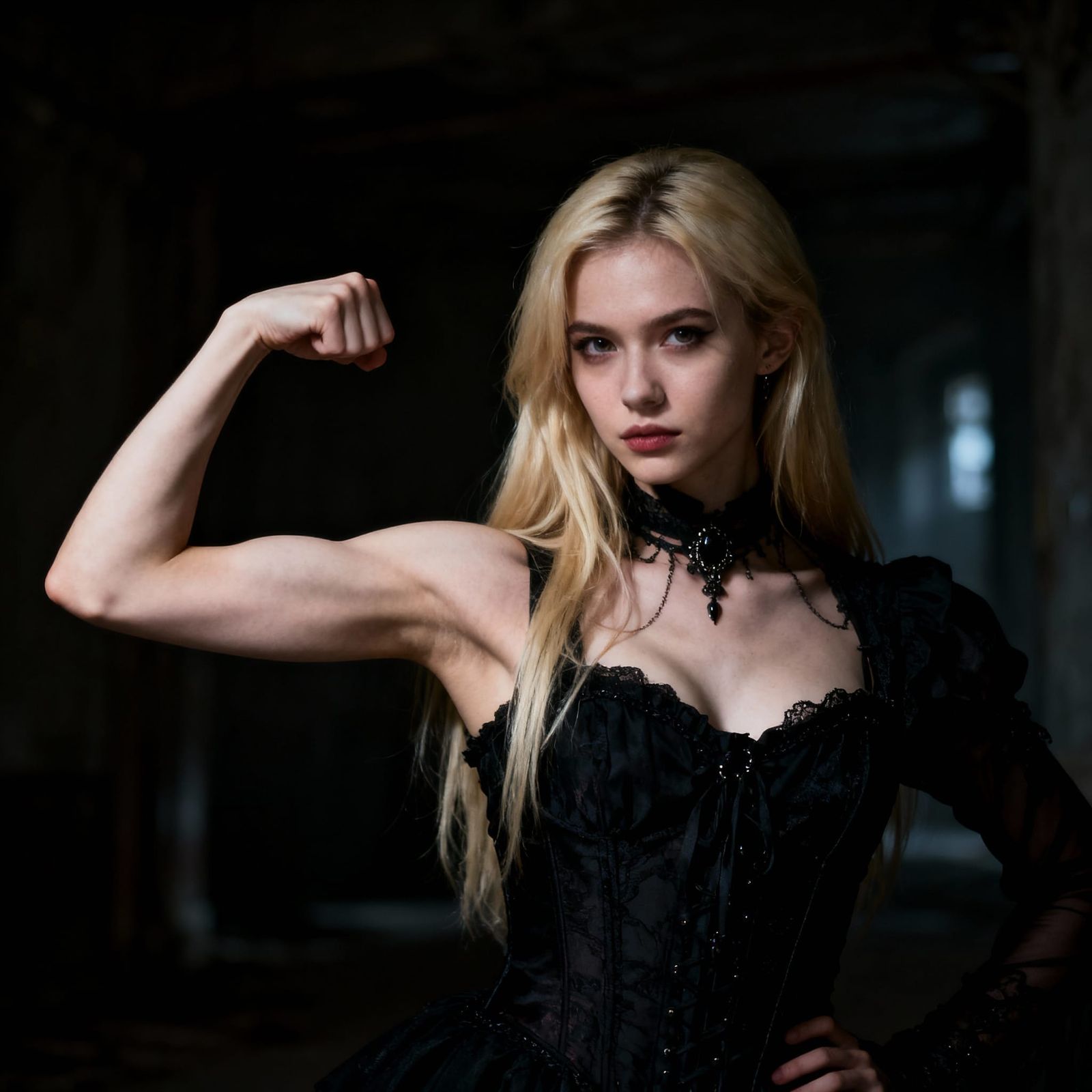 Goth Woman Flexes Bicep in Dramatic Photo