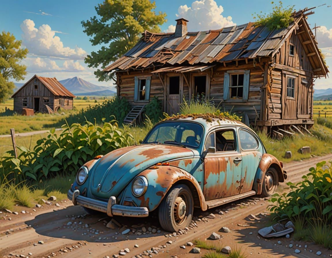 Abandoned Beetle: Surreal Oil Painting of Decay