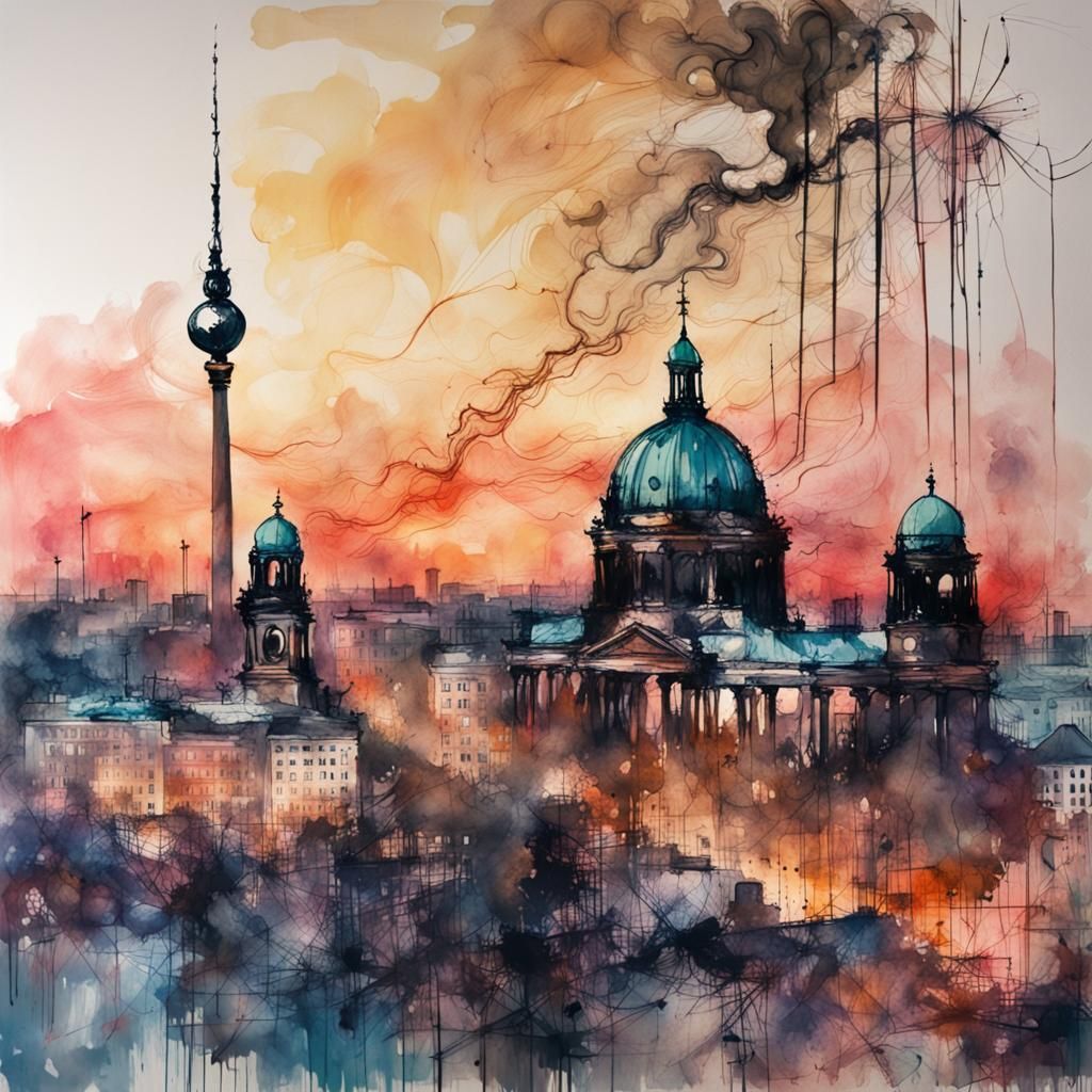 Berlin Sunset: Carne Griffiths-Style Silhouette Painting