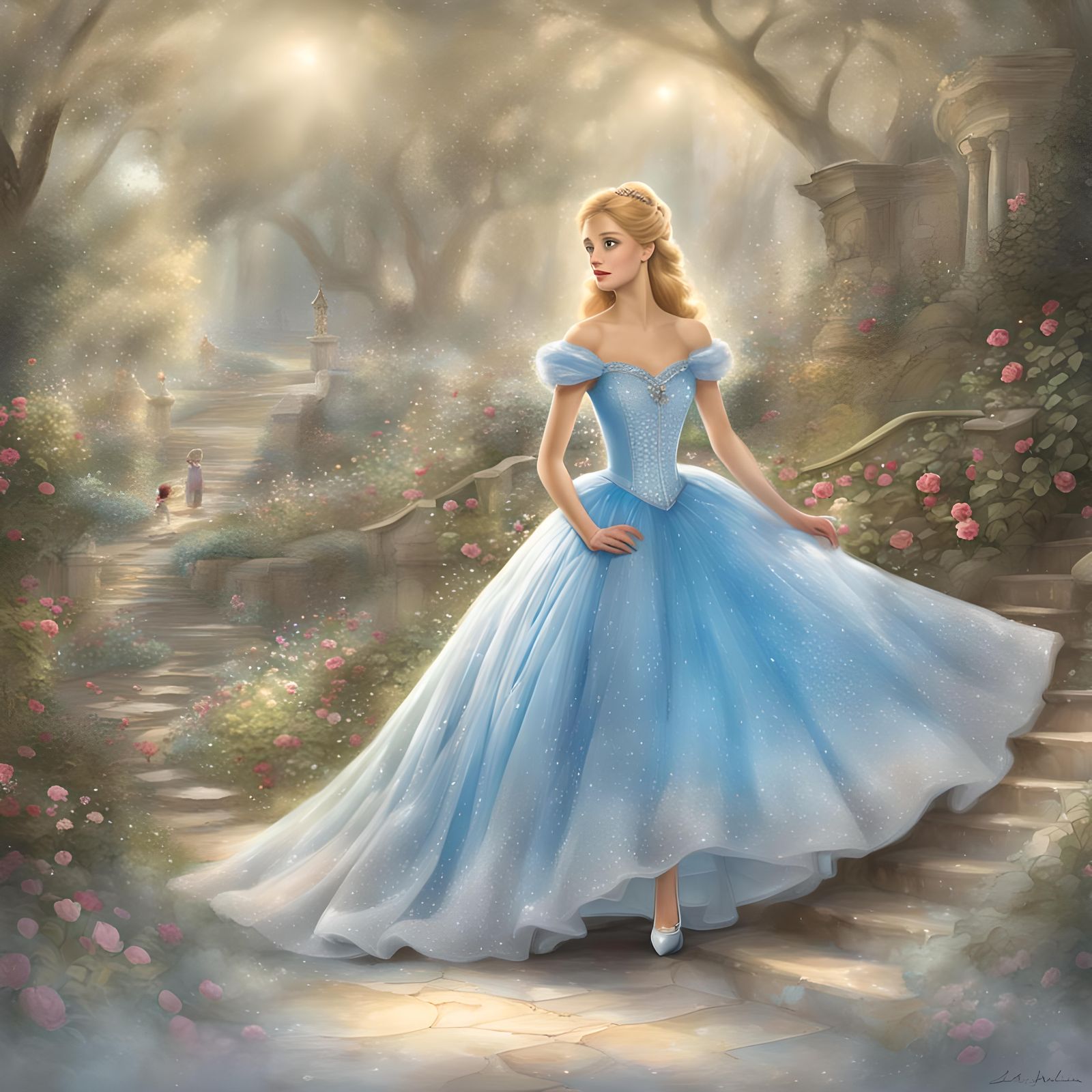 Cinderella in Grand Ballroom: Photorealistic Illustration