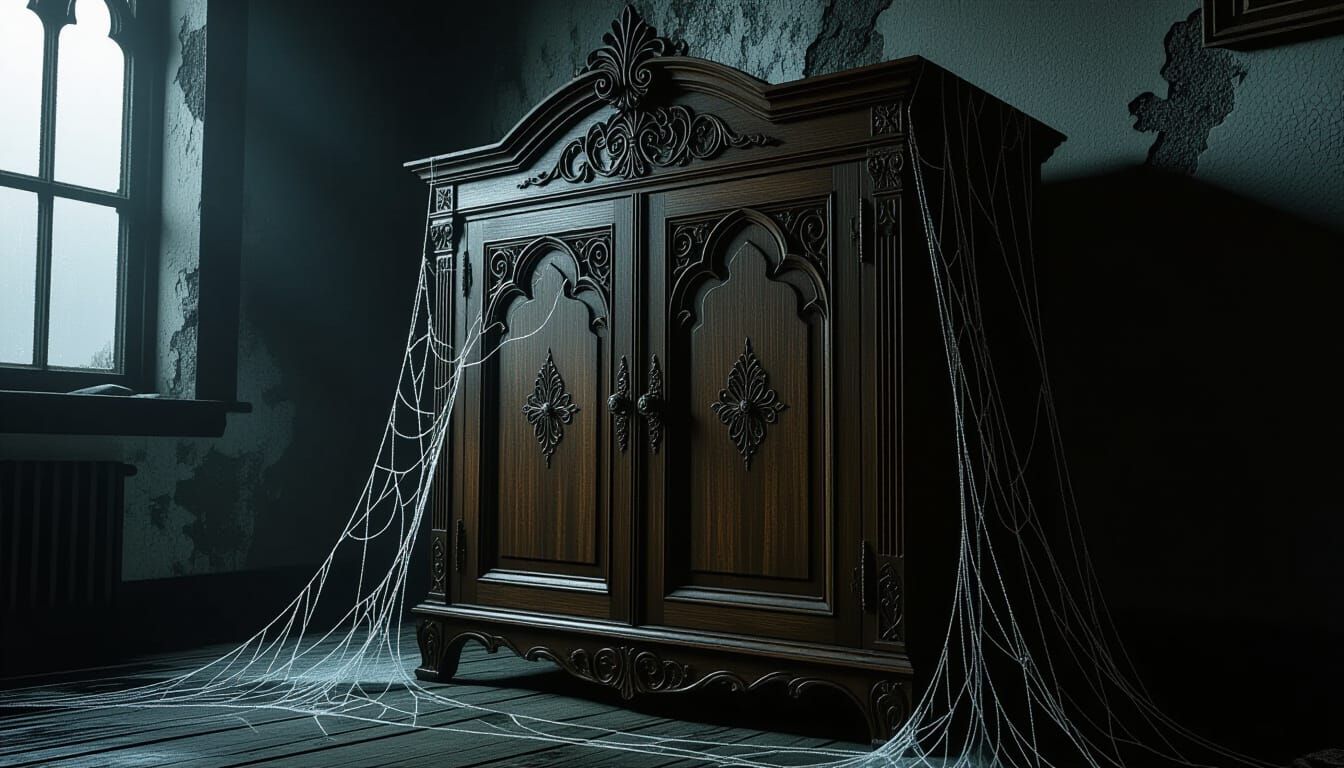 Gothic Cabinet Adorned with Ethereal Spiderwebs