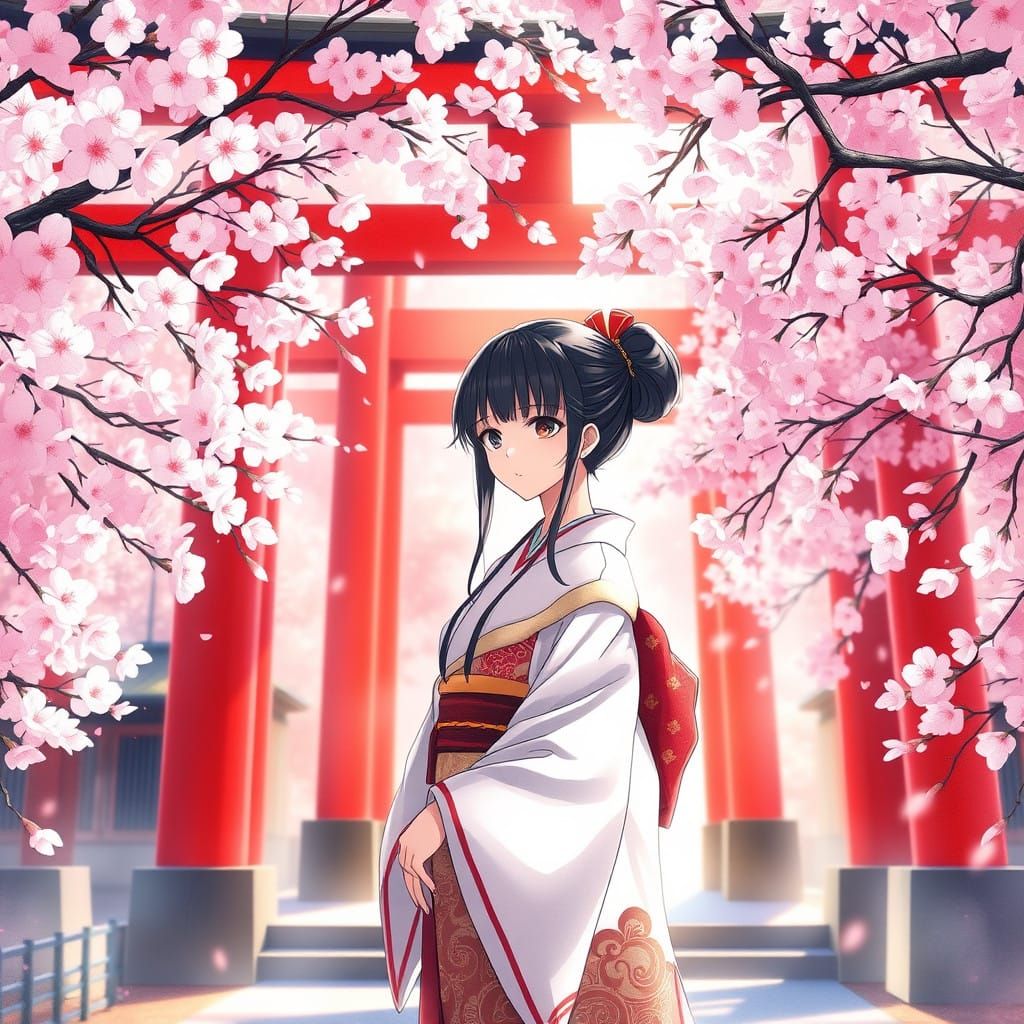 Japanese Girl in Traditional Kimono Standing in Front of Che...