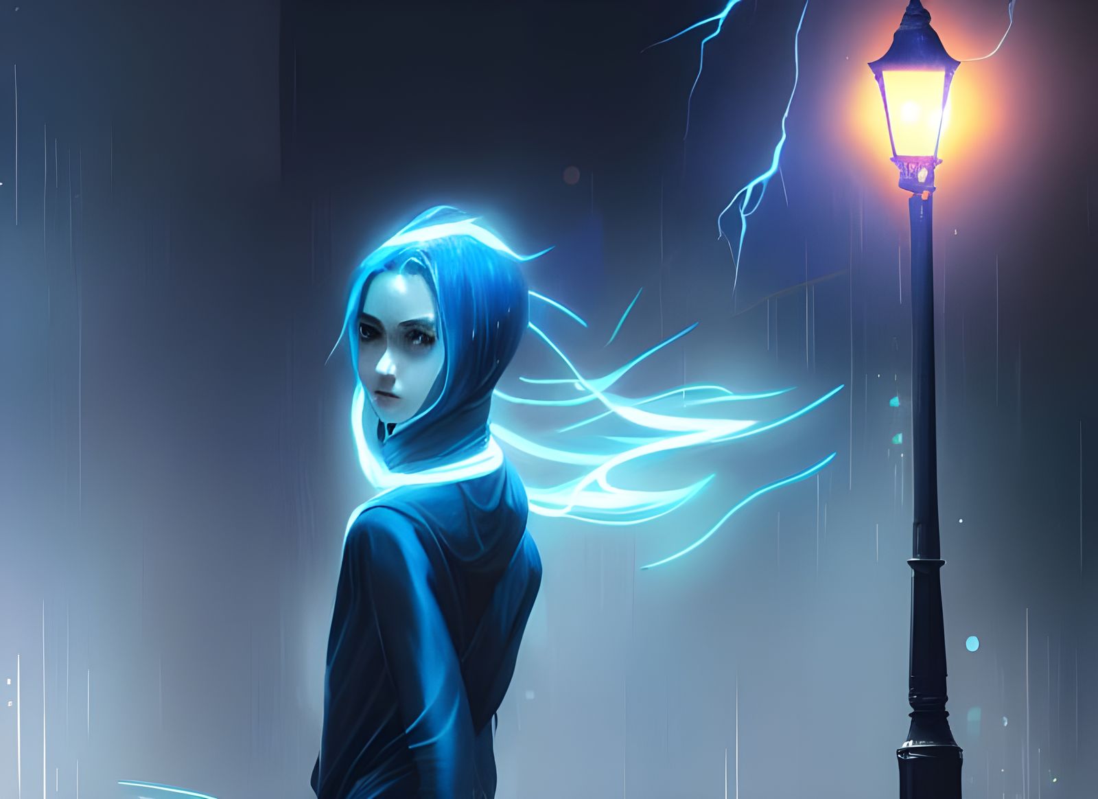 Androgynous Girl Cloaked in Lightning: Digital Illustration