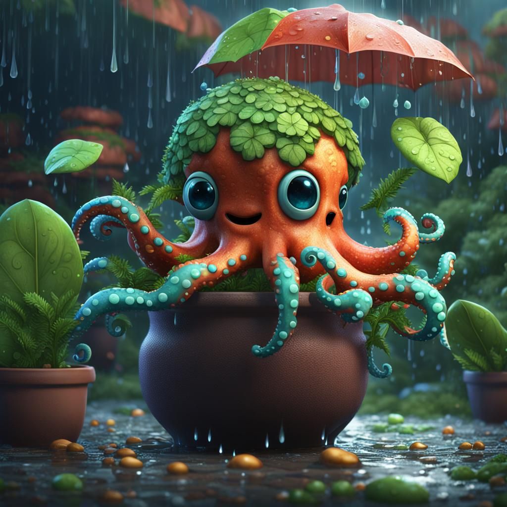 Charming Octopus Plant Sheltering from Rain, Digital Art