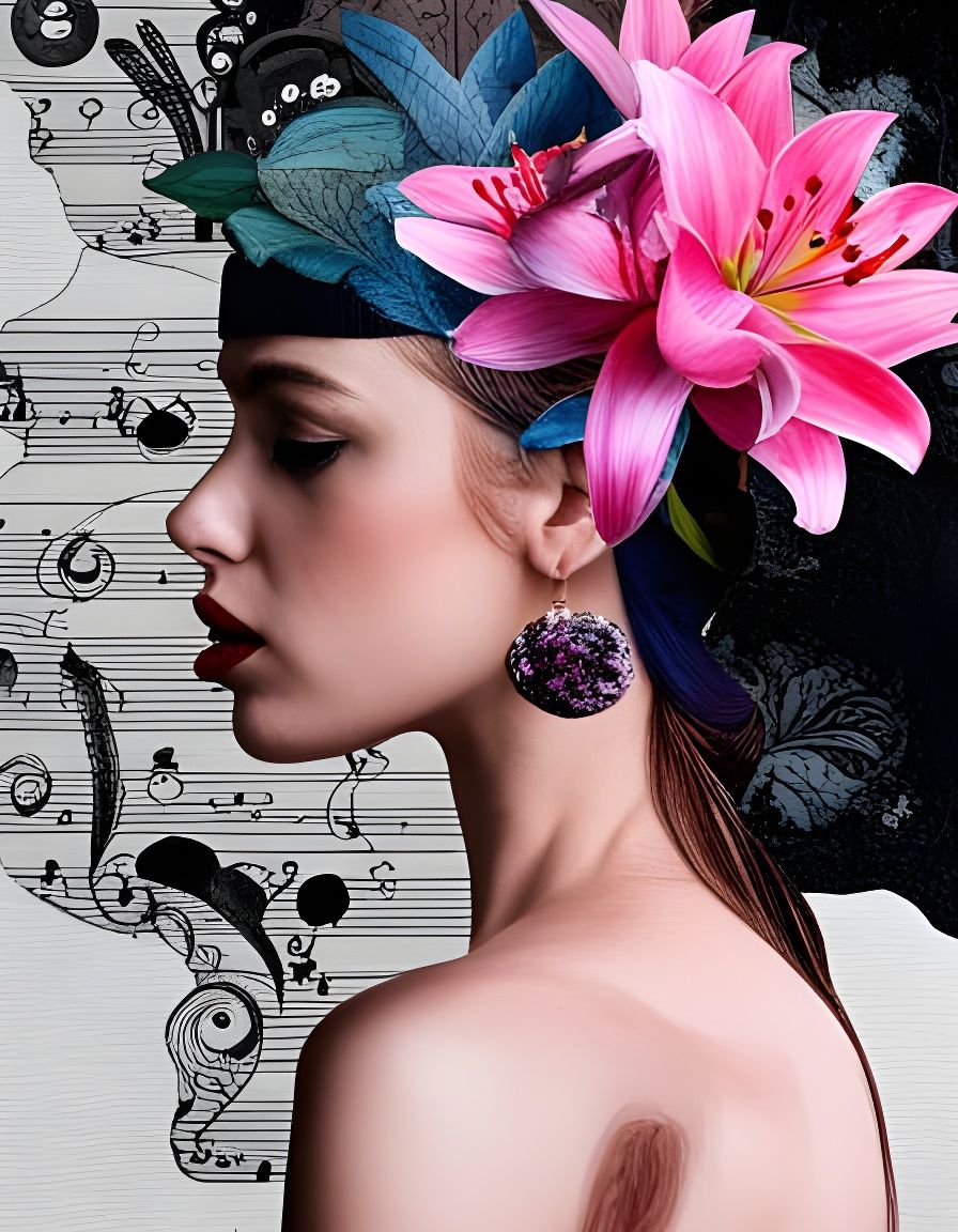Collage Portrait with Pink Lilies in Mixed Media