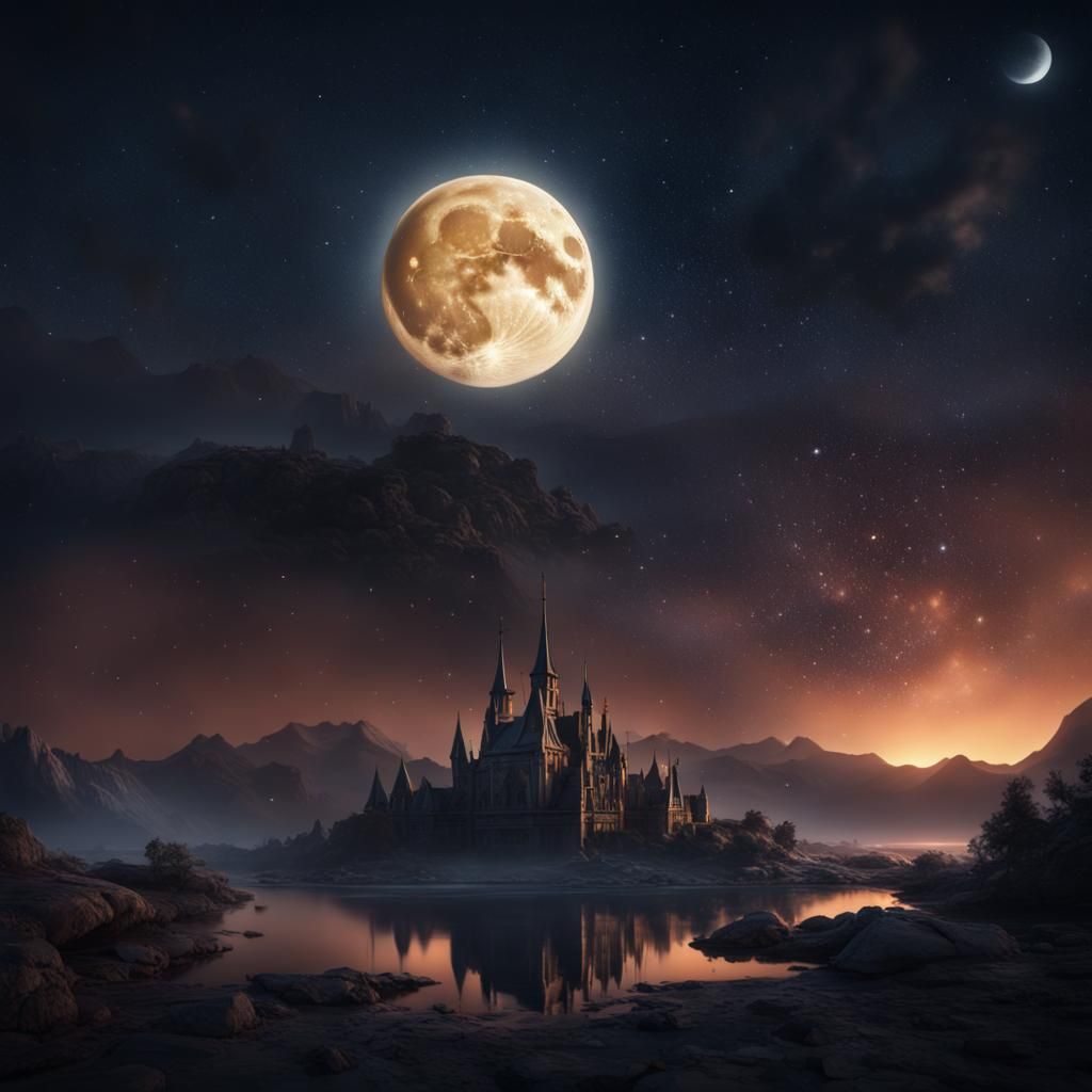 Shimmering Stars and Full Moon Night in Detailed Painting