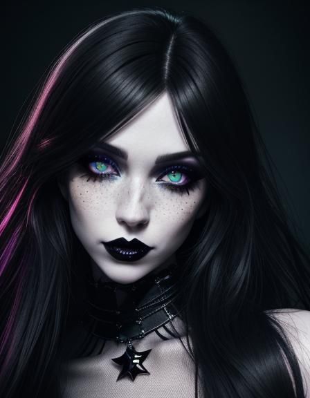 Goth Woman Portrait in City Street with Neon Lights