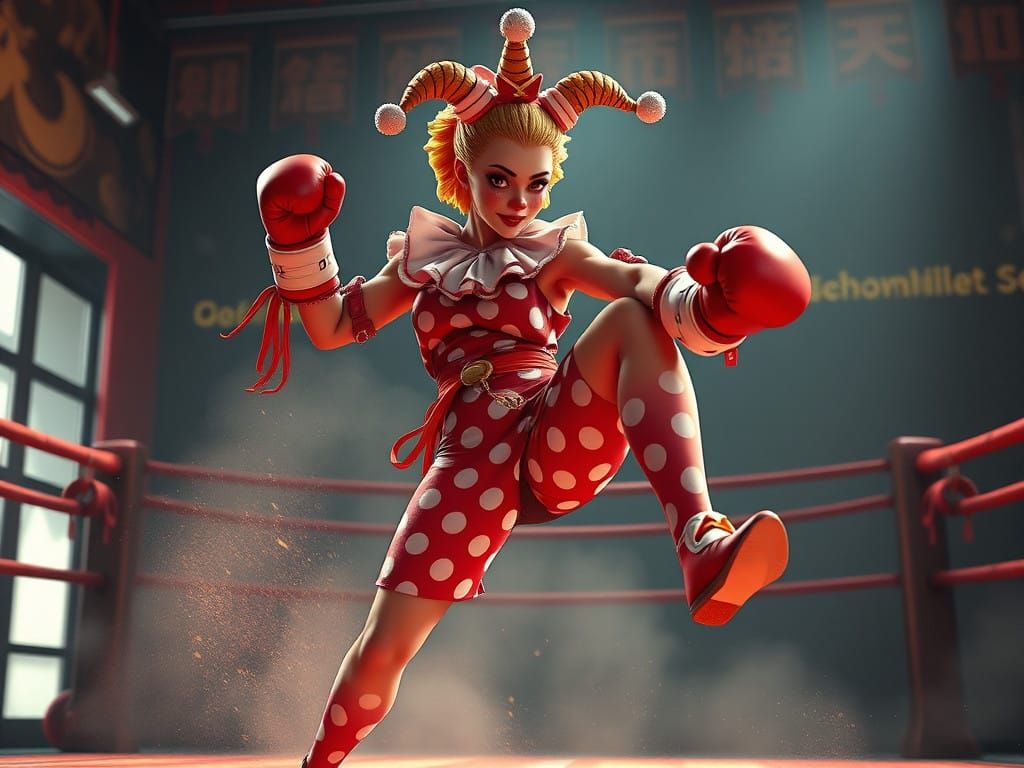 Vibrant Anime-Style Female Kicking Clown