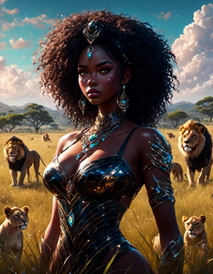 Anime African Werelioness in Savannah Grasslands