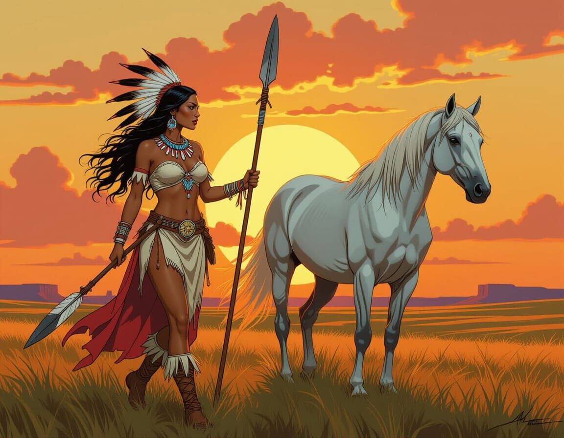 Native American Princess with Mare at Sunset in Manara Style