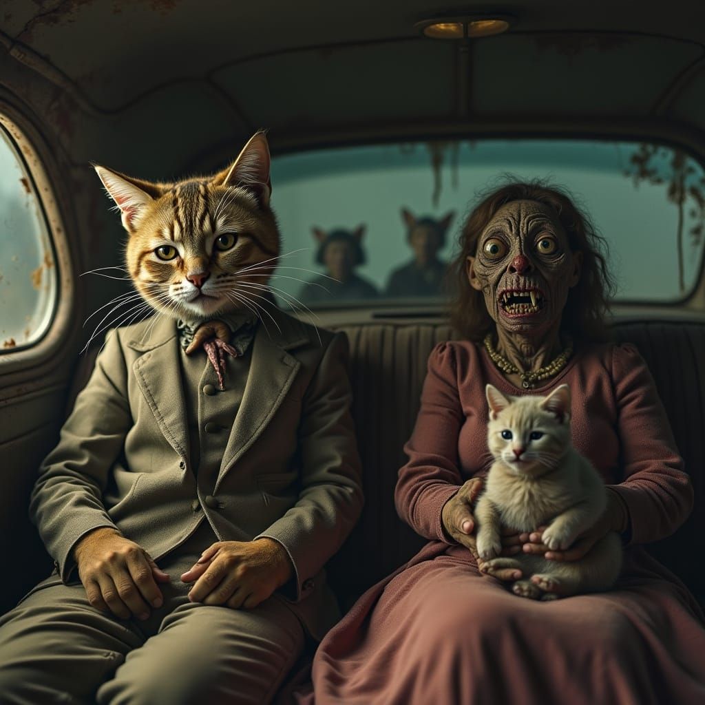 Distressed Feline Family Faces Hulking Horror in Vintage Car