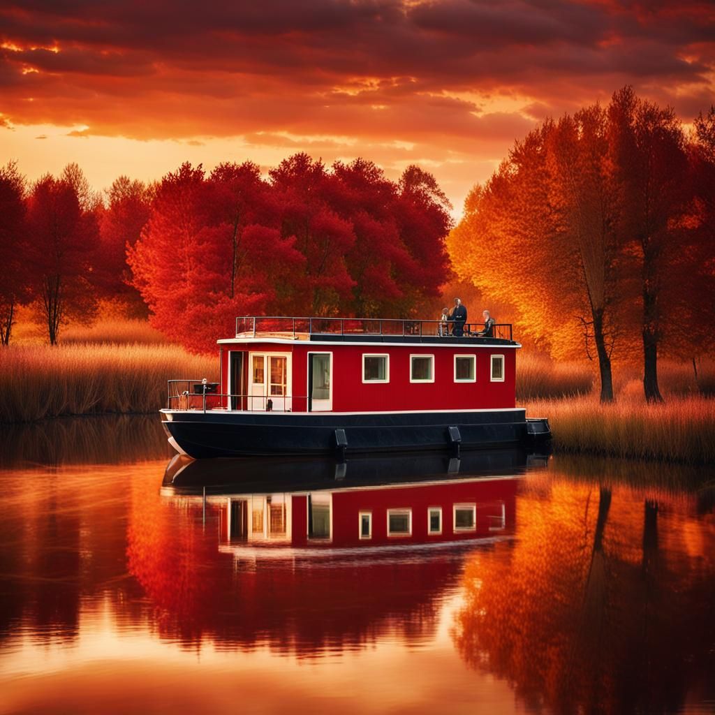 Houseboat on Canal at Sunset in Autumn