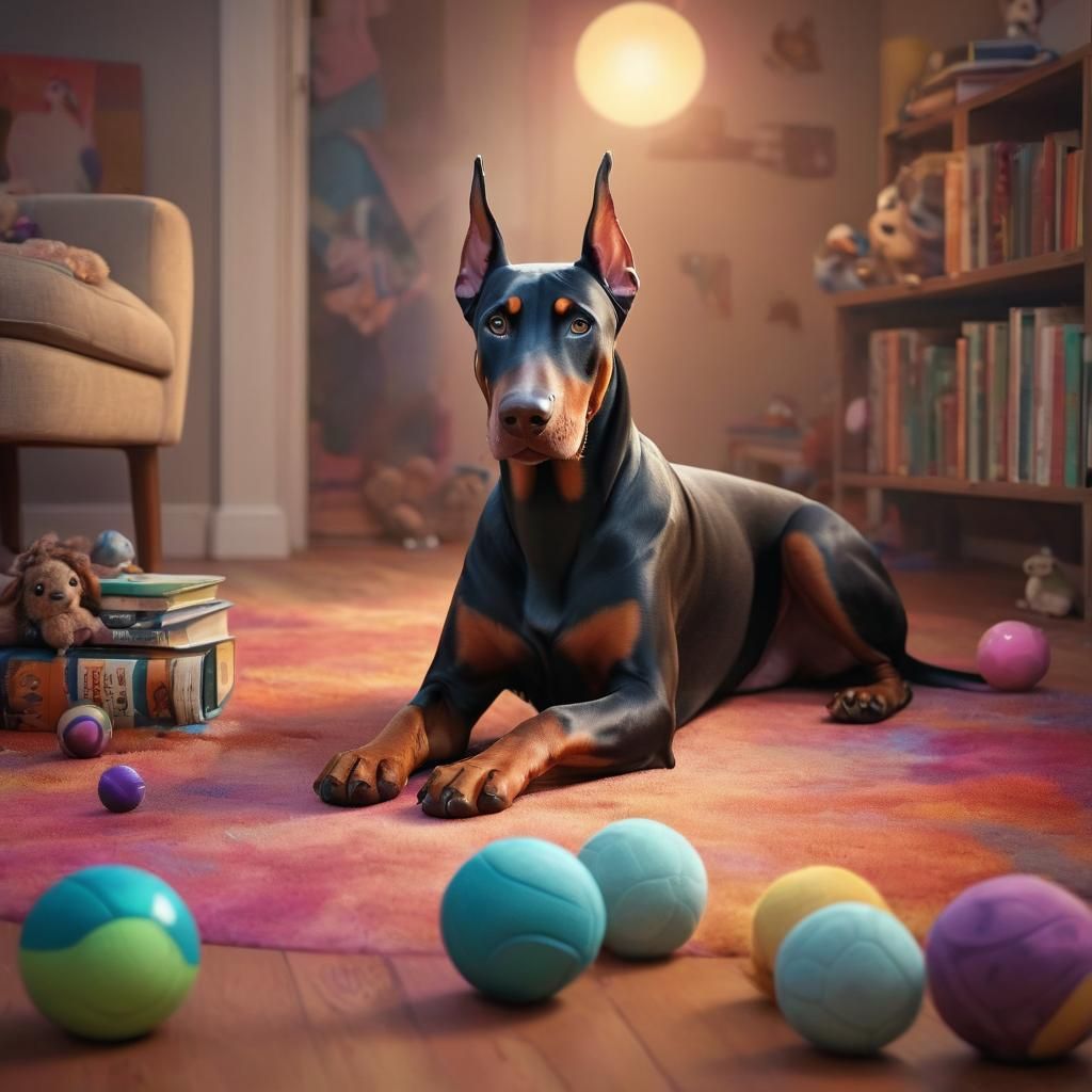 Playful Doberman in Whimsical Pixar-Inspired Illustration