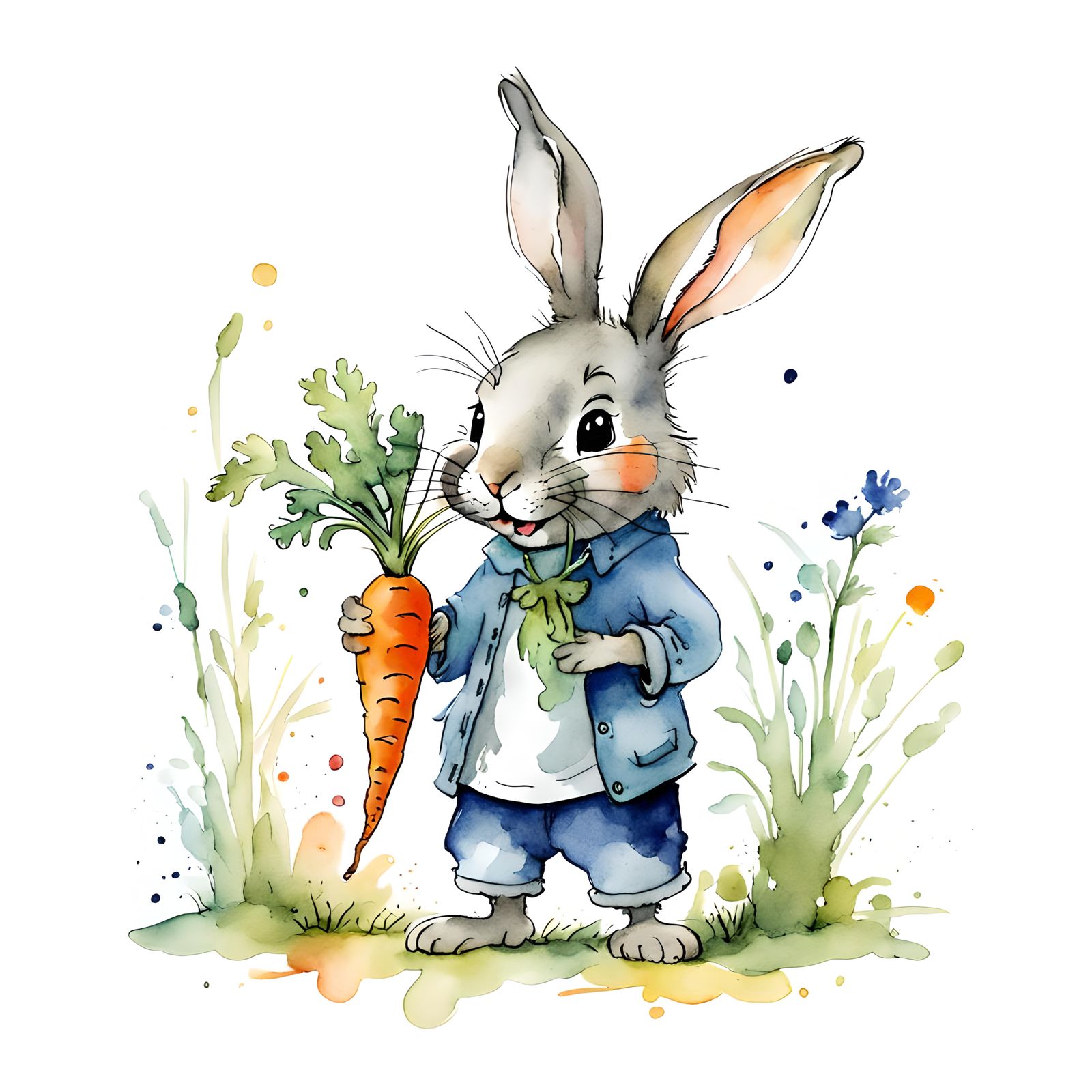 Whimsical Chibi Rabbit Watercolor Illustration
