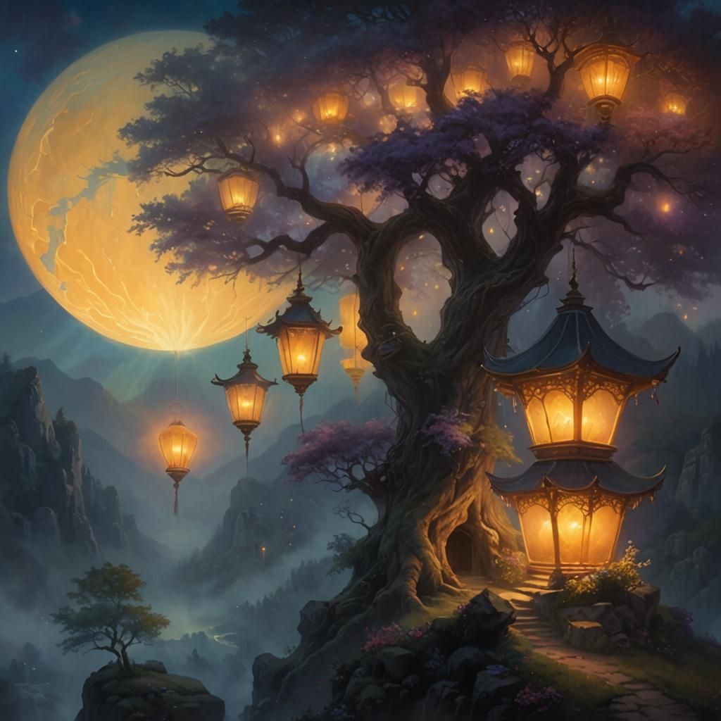 Ethereal Fantasy Valley with Mystical Tree