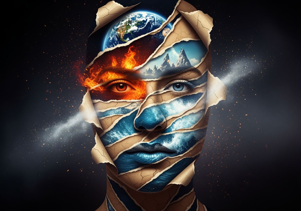 Elemental Face Constructed from Torn Paper Layers